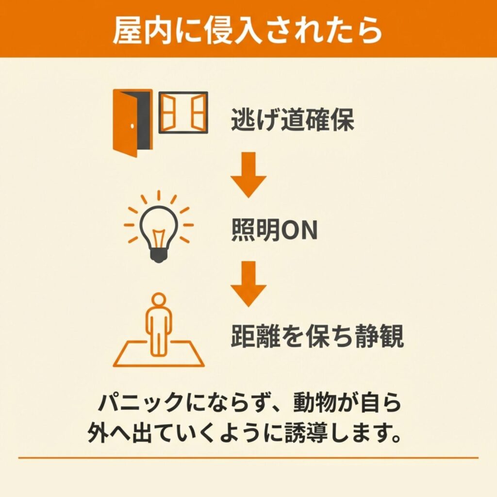 屋内に侵入された際の対応として、逃げ道の確保や照明の点灯を行い、動物が自ら外へ出るよう静観・誘導する手順の解説