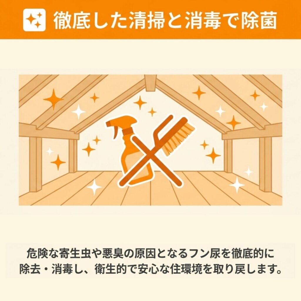 屋根裏や床下の清掃と消毒作業