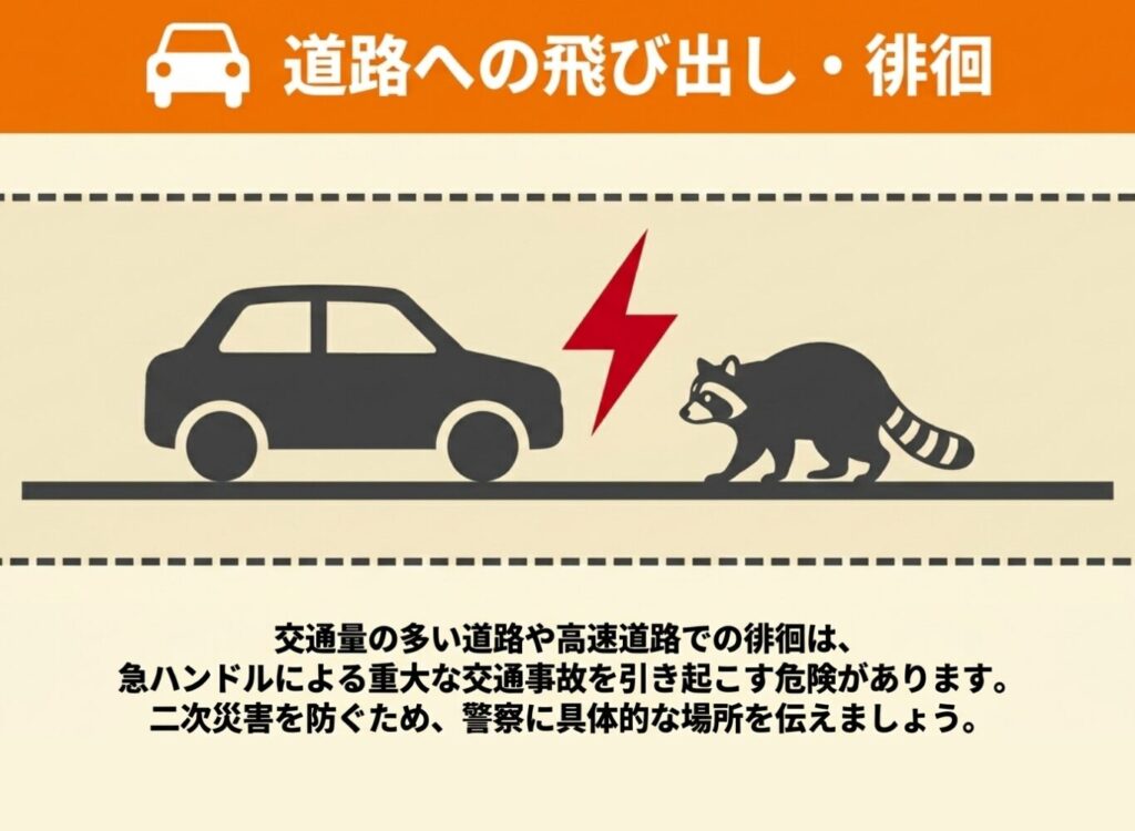 交通事故の危険性がある道路上での目撃