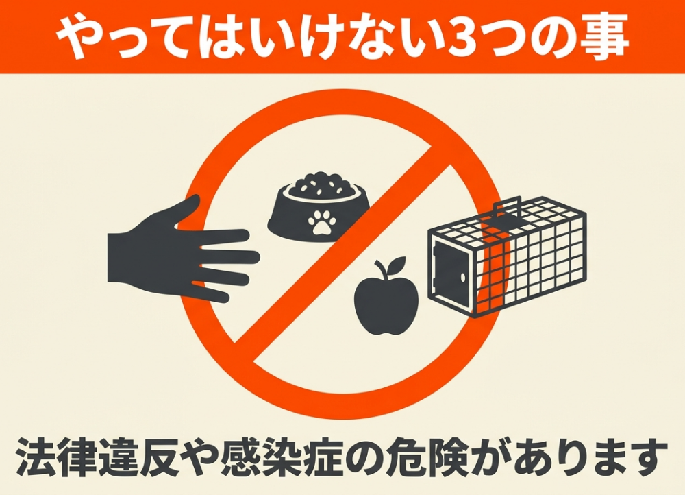 ハクビシンを見つけたときにやってはいけない3つの事（素手で触る・餌を与える・無許可で捕獲する）は法律違反や感染症の危険がある