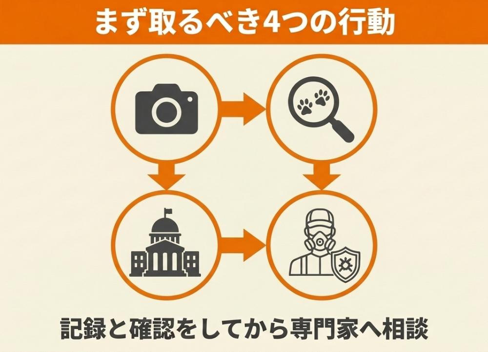 ハクビシンを見つけたらまず取るべき4つの行動（写真で記録・痕跡の確認・自治体へ相談・専門業者へ相談）
