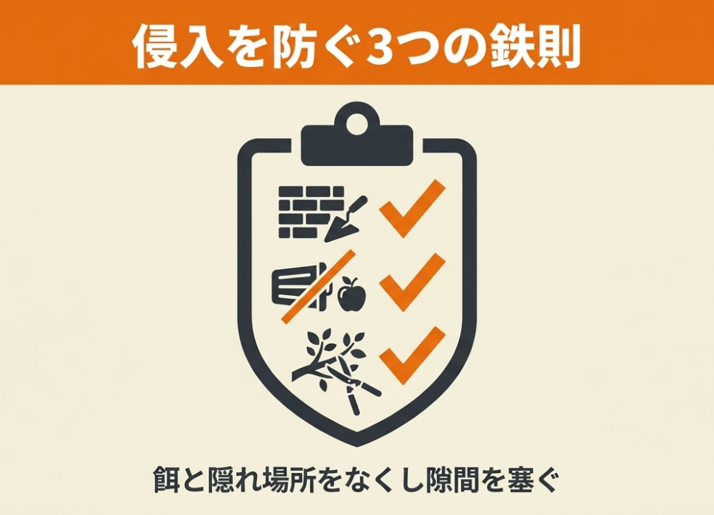 ハクビシンの侵入を防ぐ3つの鉄則（侵入口の隙間を塞ぐ・餌をなくす・庭木を剪定して隠れ場所をなくす）