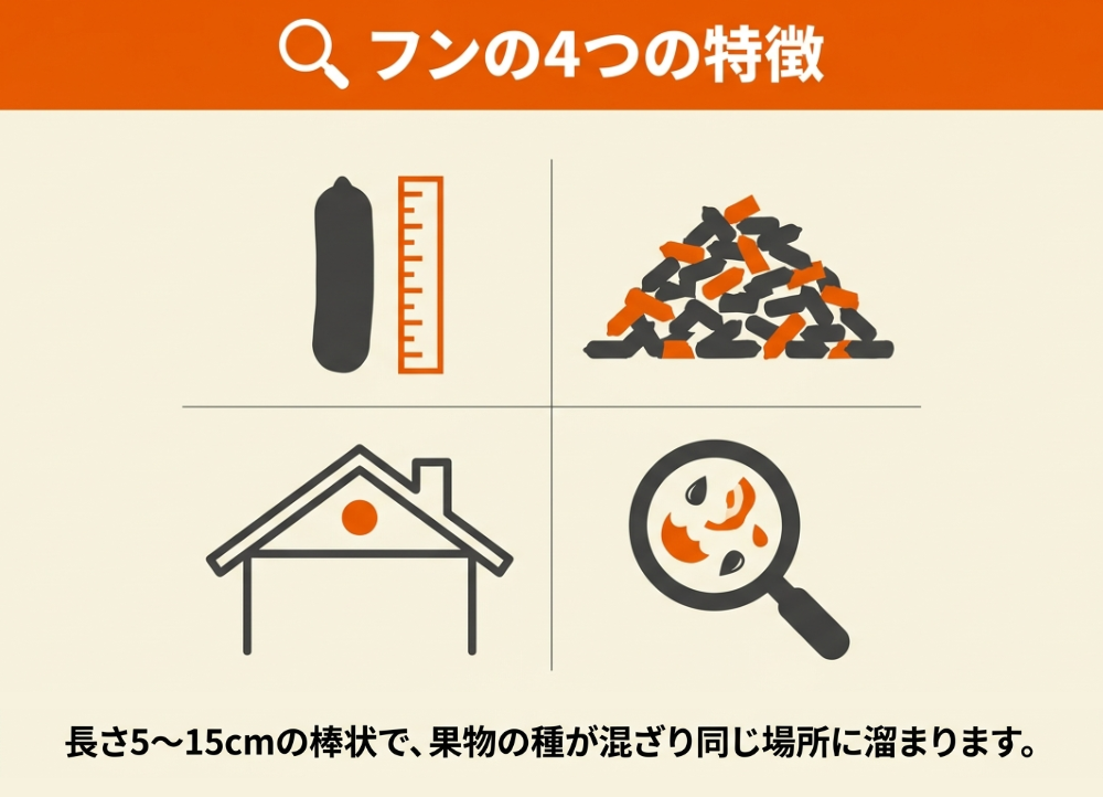 ハクビシンのフンの4つの特徴を示す図解。長さ5〜15cmの棒状で、果物の種が混ざり、屋根裏など同じ場所に溜まる