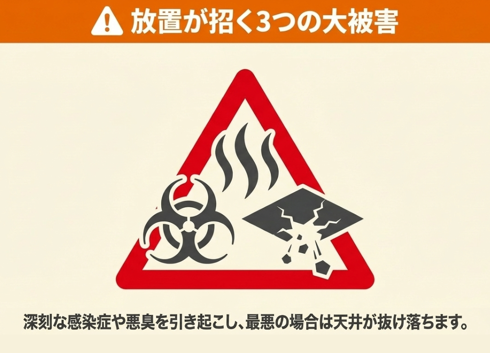 ハクビシンのフンを放置した場合に起こる感染症・悪臭・天井の抜け落ちの3つの被害を示す図解