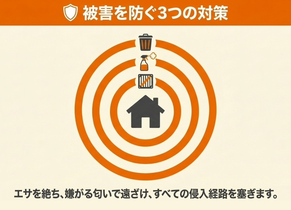 ハクビシンのフン被害を防ぐ3つの対策を示す図解。エサを絶つ、嫌がる匂いで遠ざける、侵入経路を塞ぐ