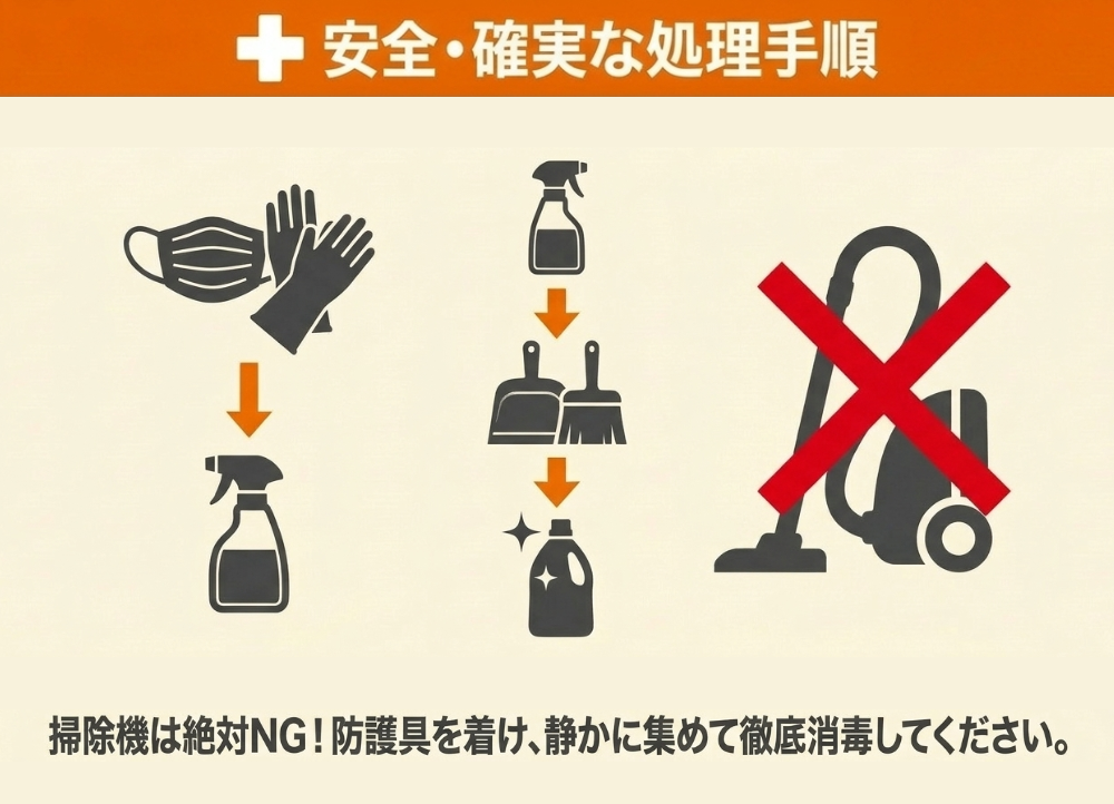 ハクビシンのフンの安全な処理手順を示す図解。マスクと手袋を着けて消毒液を散布し、ほうきで集めて消毒する。掃除機の使用は不可