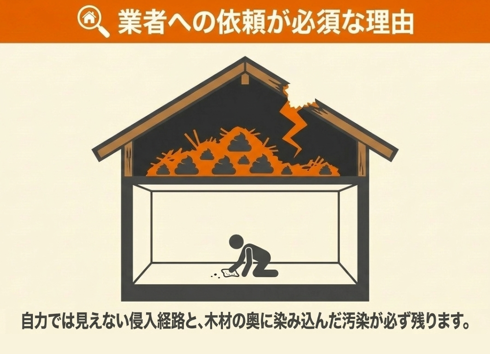 屋根裏に溜まったハクビシンのフンと住宅の損傷を示す断面図。自力の清掃では侵入経路や木材に染み込んだ汚染が残る