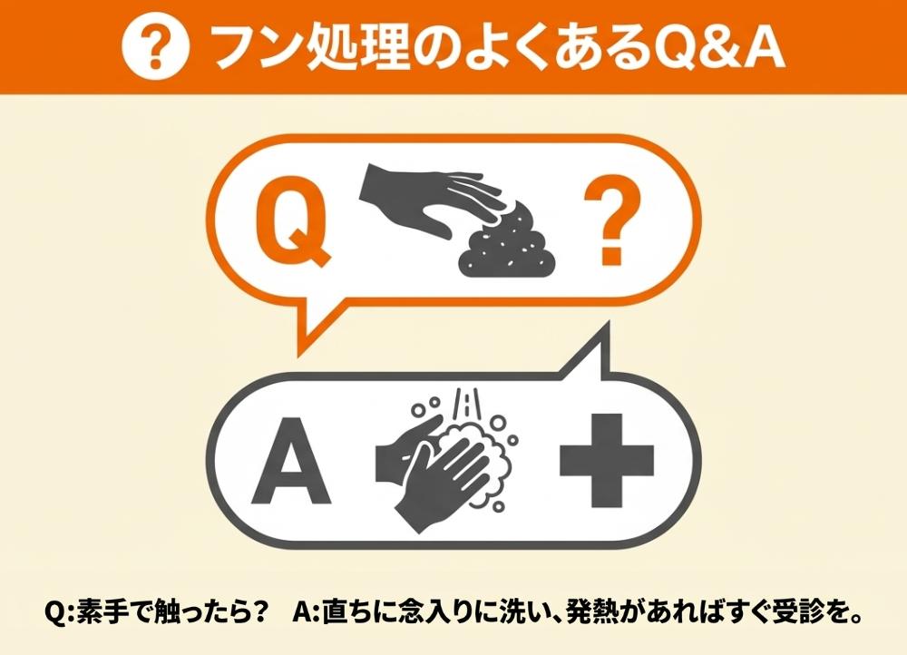 ハクビシンのフンに素手で触れた場合の対処法を示す図解。すぐに手を念入りに洗い、発熱があれば医療機関を受診する