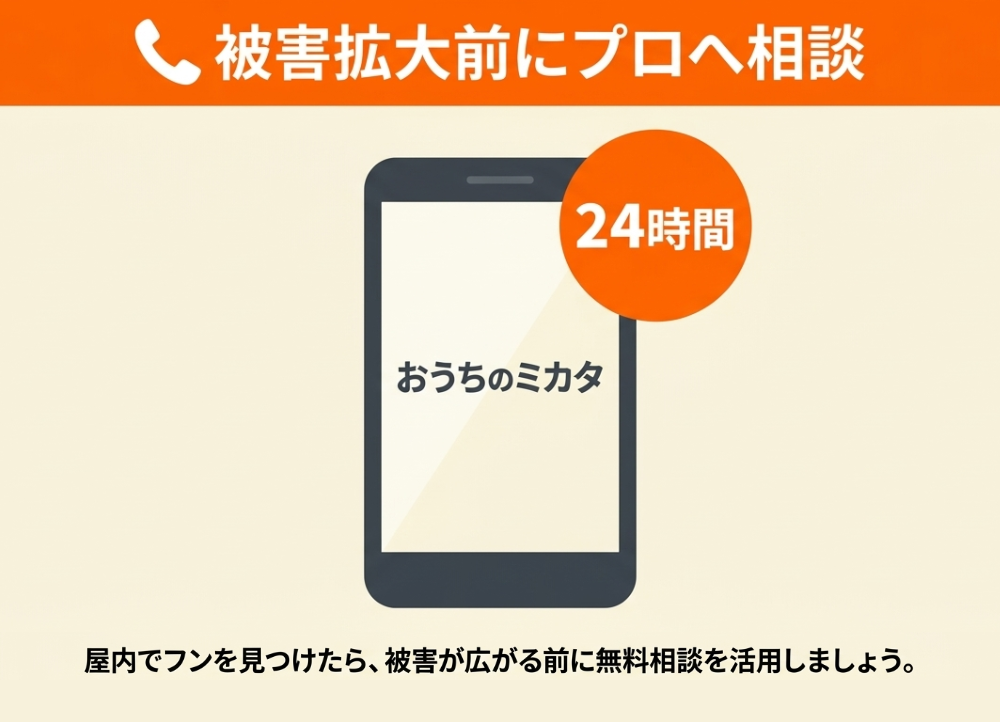 おうちのミカタの24時間対応の無料相談を案内する図解。屋内でハクビシンのフンを見つけたら早めに相談する
