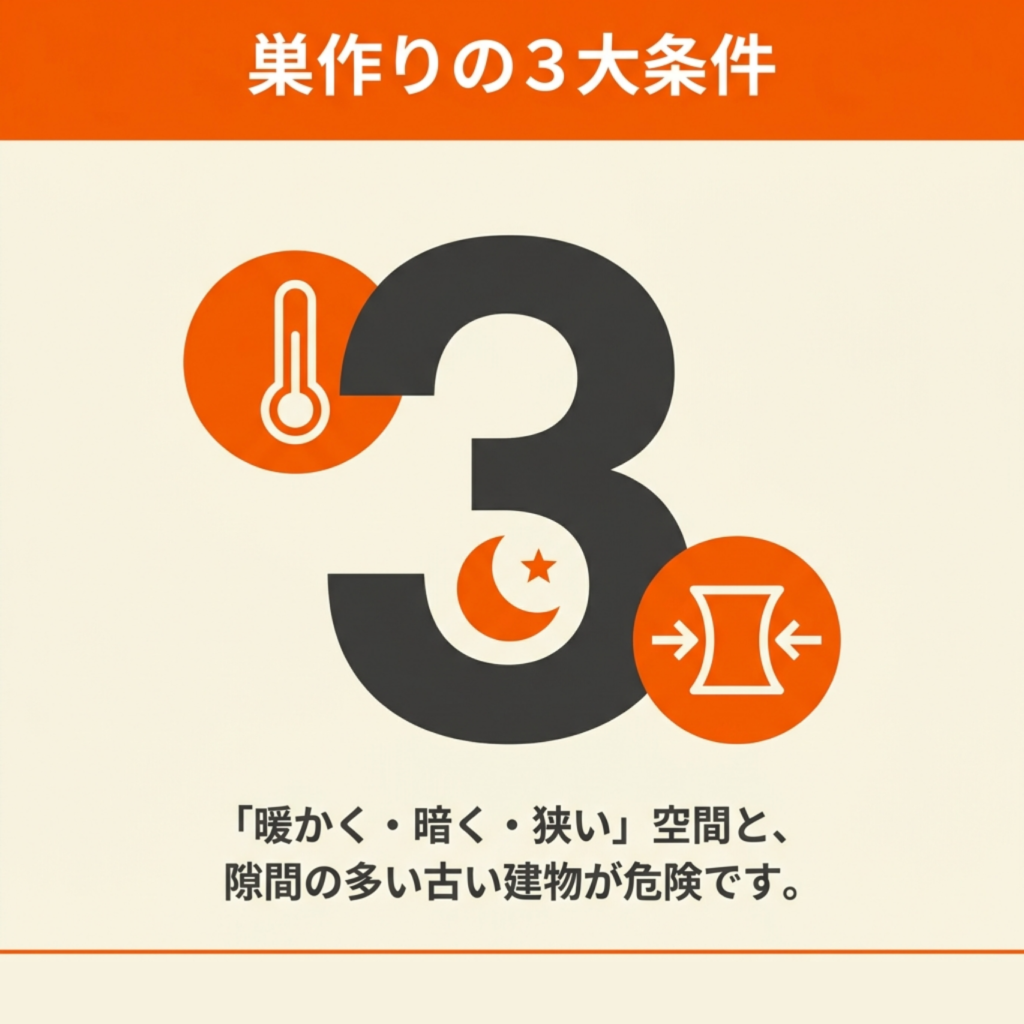 コウモリが巣を作りやすい環境と建物の条件