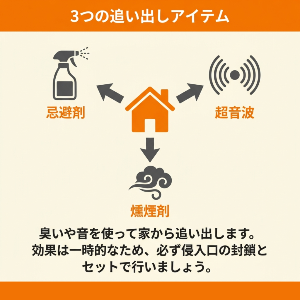 忌避剤・超音波・燻煙剤によるアライグマ追い出し