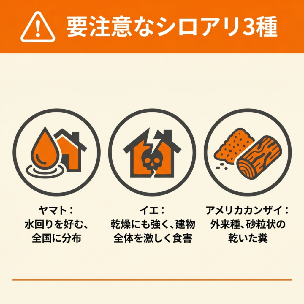 日本で被害をもたらすシロアリ3種の見分け方