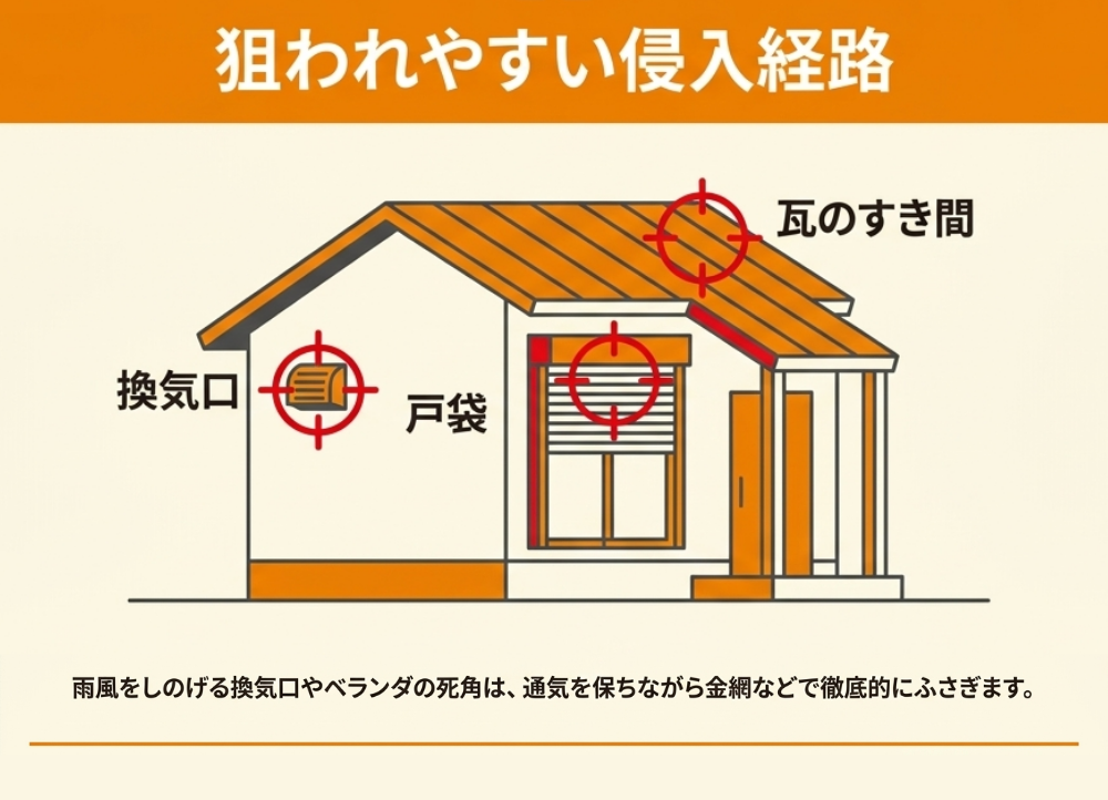ベランダや換気口など場所ごとのコウモリ対策